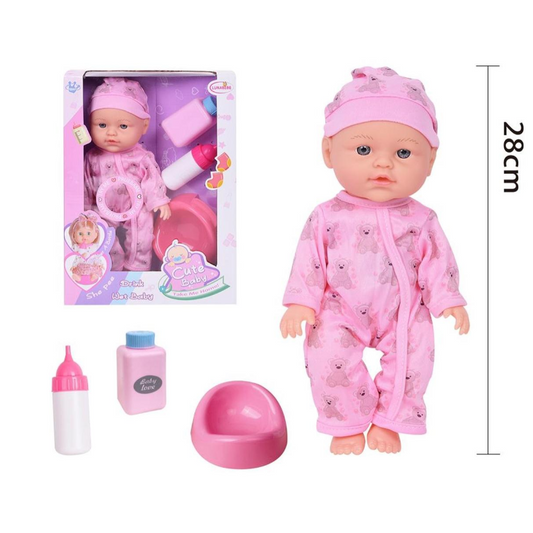 Lutka beba s kahlicom (tuta), bočicom i dudom koja piški