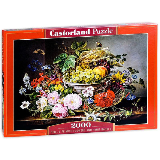 Puzzle 2000 kom mrtva priroda s cvijećem i košarom voća